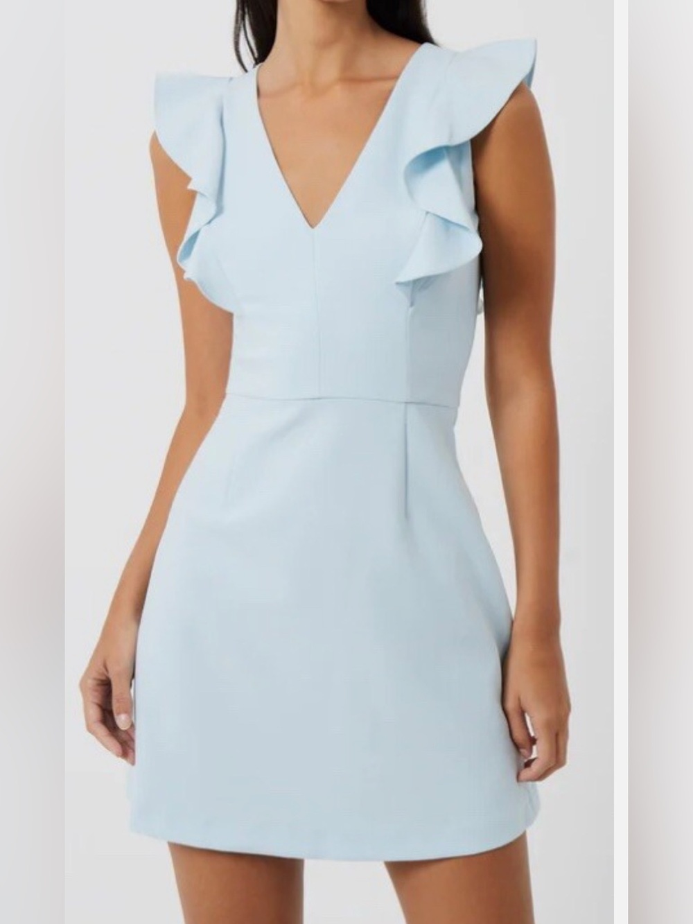 NEW French Connection Cameron Light Dream Blue V-Neck Ruffle Mini Dress